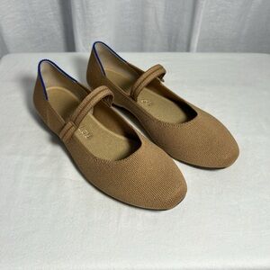 Rothy's Tan Mary Jane Knit Flats with Blue Trim